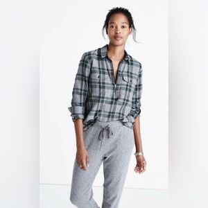 Madewell Washburn Plaid Flannel Zip Front Popover Shirt Size S Green Grey Plaid